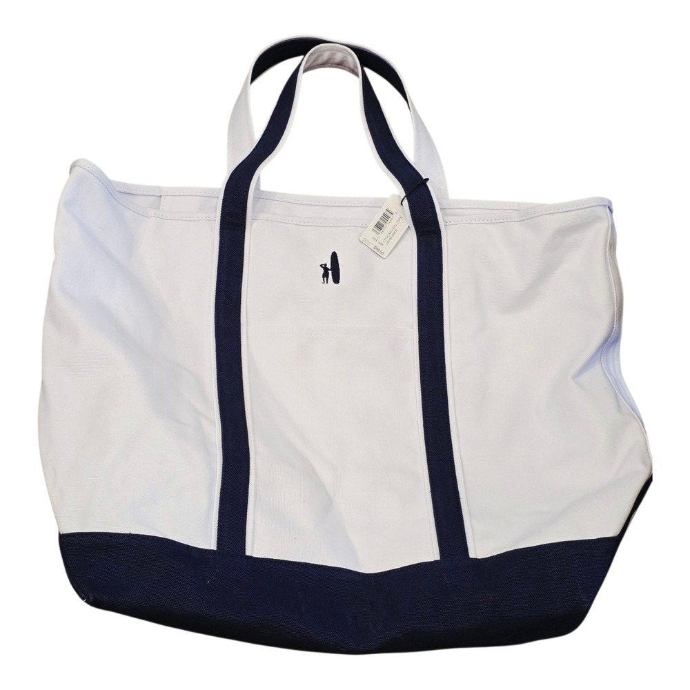 Johnnie-O Color Block Canvas Zip Tote Bag White Navy Blue JMLG3070 Large NWT